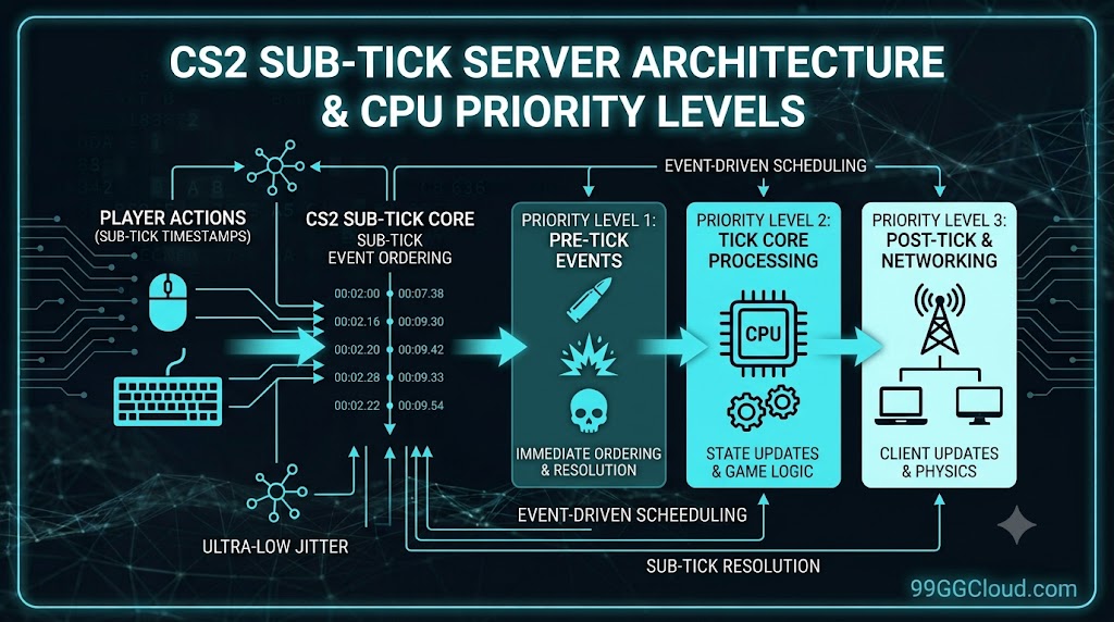 Technical diagram of Counter-Strike 2's Sub-Tick server architecture showing CPU priority levels