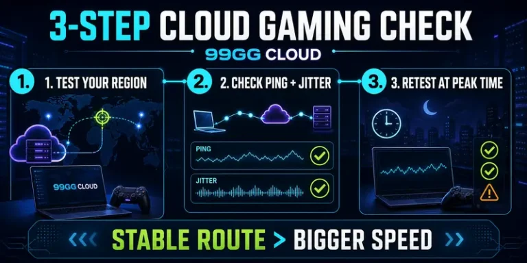 Three-step cloud gaming network check: test region, check ping and jitter, and retest at peak time