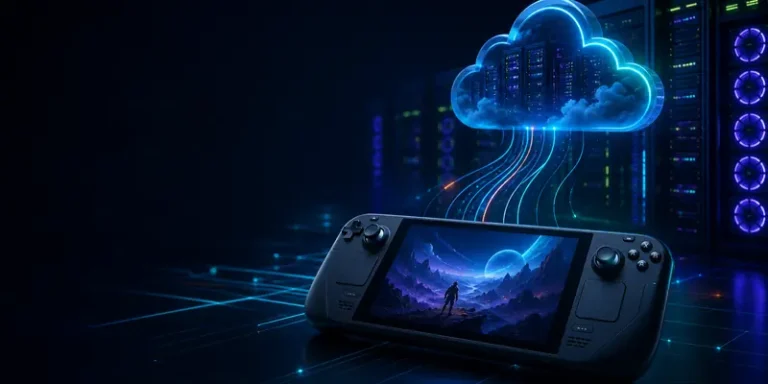 Cloud gaming latency setup showing a handheld connected to remote cloud servers