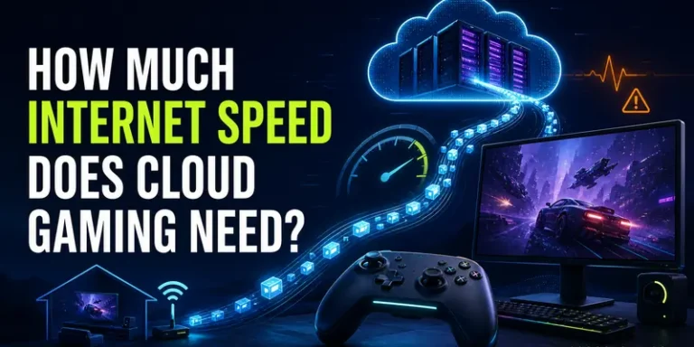 Cloud gaming setup connected to a remote GPU server with a bandwidth meter and network speed headline