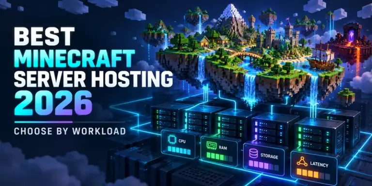 Best Minecraft server hosting 2026 guide showing a block-built multiplayer world connected to server racks with CPU, RAM, storage, and latency indicators