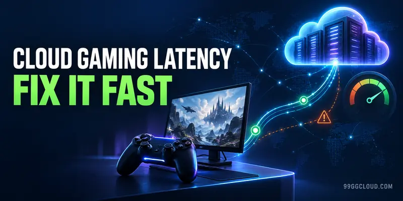 Cloud gaming latency test showing a controller, gaming monitor, cloud server, network route, and ping gauge