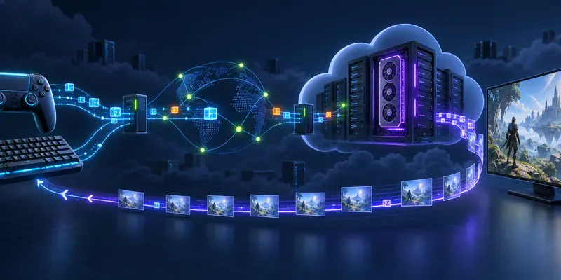 Cloud gaming latency stack illustration showing controller input, network packets, cloud GPU rendering, and the returned game frame
