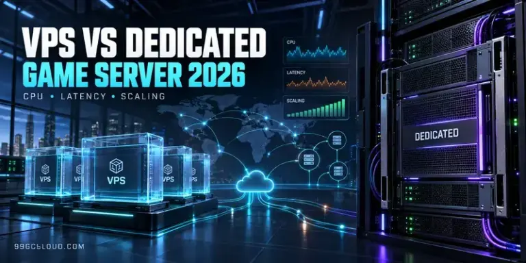 VPS vs Dedicated Game Server 2026 comparison cover with CPU, latency, and scaling visuals