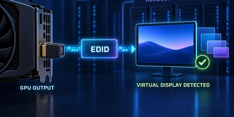 Diagram showing an HDMI dummy plug sending EDID from a GPU to a virtual display on a headless Cloud PC