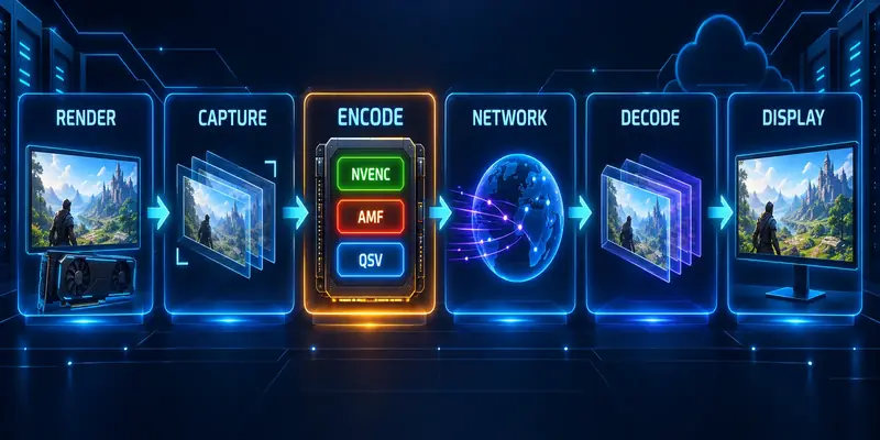 End-to-end game streaming pipeline from render and capture through hardware encoding, network, decode, and display