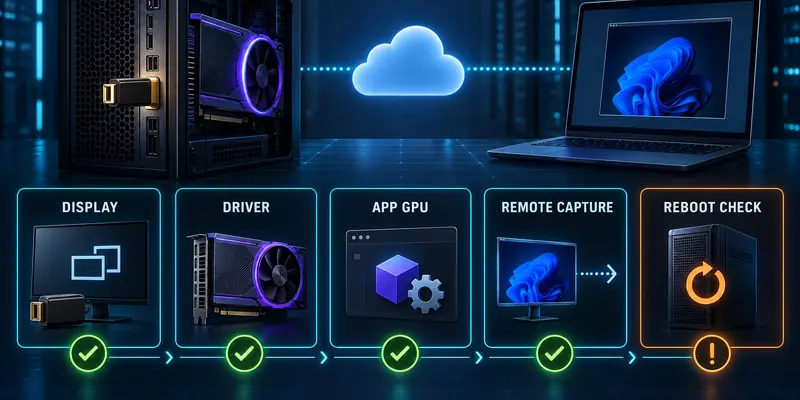 Checklist diagram for validating display, GPU driver, application GPU, remote capture, and reboot on a headless Cloud PC