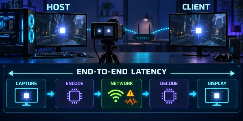 High-speed camera measuring end-to-end latency between a self-hosted gaming PC and a client display