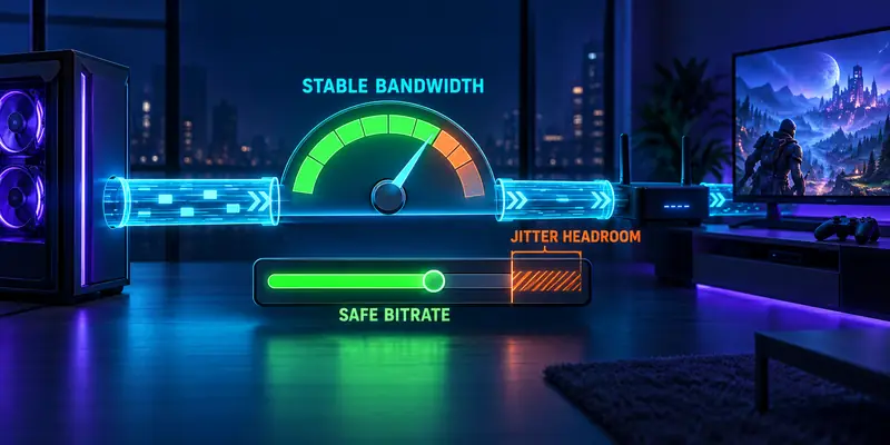 Illustration of stable bandwidth, safe bitrate, and jitter headroom for Moonlight streaming