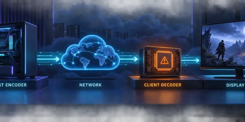 Illustration of the Moonlight streaming pipeline from host encoder through network to client decoder and display