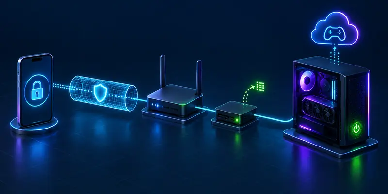 Secure remote Wake-on-LAN workflow showing a phone, encrypted network tunnel, router, helper device, and wired gaming PC