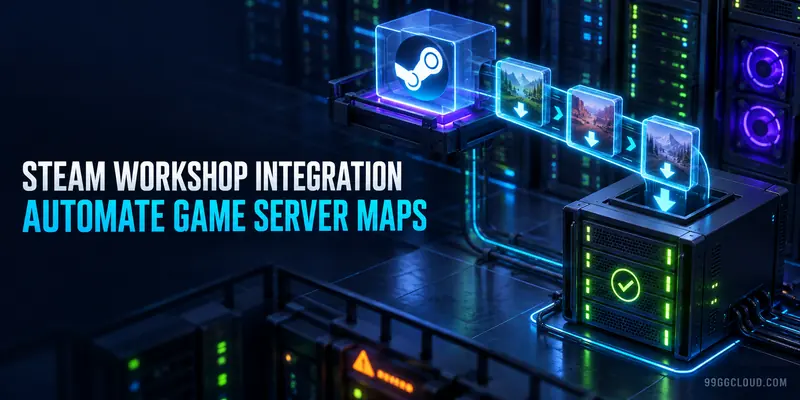 Steam Workshop integration pipeline showing game maps moving from Workshop into a dedicated game server