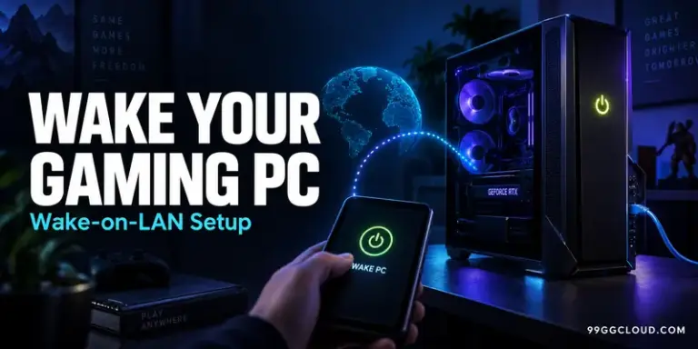 Gaming PC and smartphone with a glowing power icon beneath the headline Wake Your Gaming PC — Wake-on-LAN Setup.
